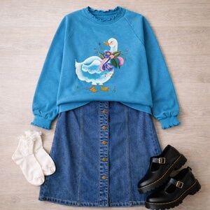 Vintage Hand Painted Country Goose Sweatshirt Lettuce Hem Womens XL Grandma 90s